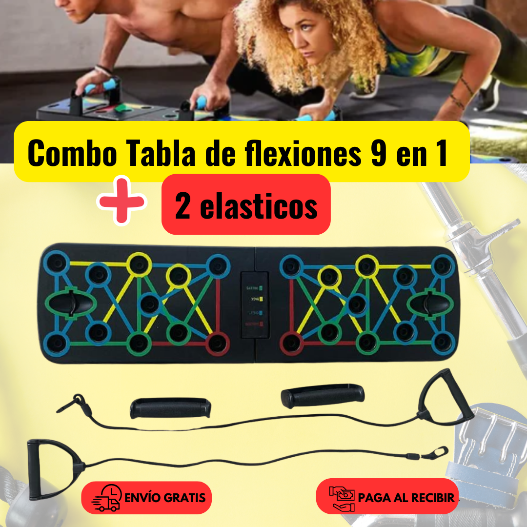 Combo Tabla de flexiones 9 en 1 + 2 Elasticos