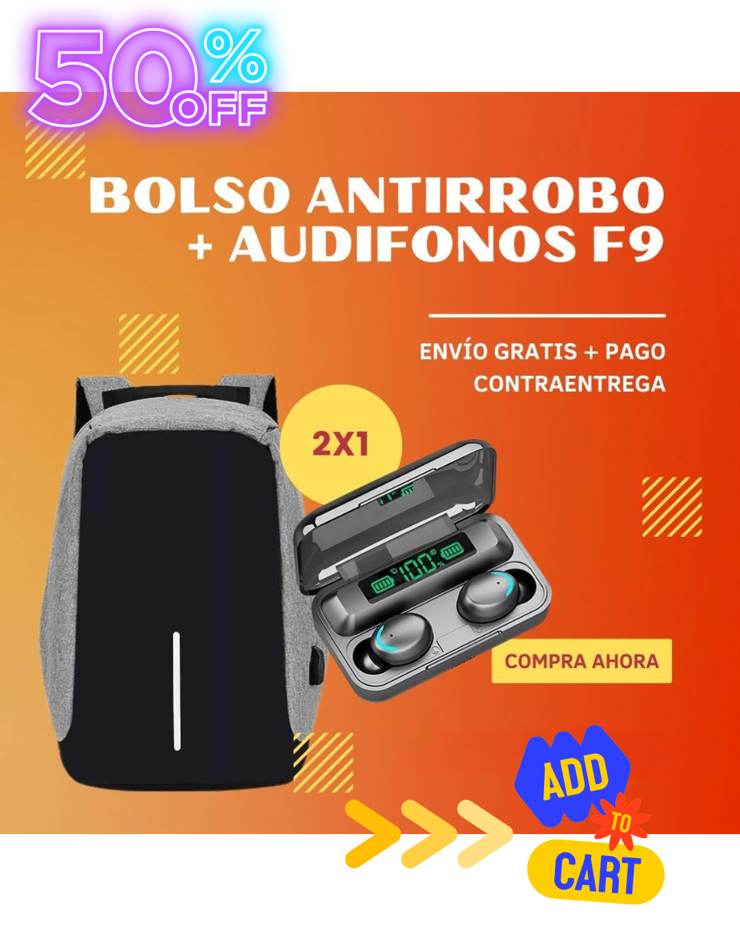 COMBO 2x1 - Bolso Antirrobo Grande + Audífonos F9