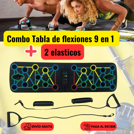 Combo Tabla de flexiones 9 en 1 + 2 Elasticos
