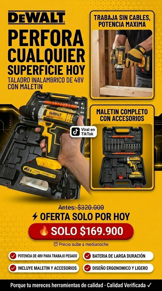 Taladro Inalámbrico DeWalt 48V Percutor con 2 Baterías y Maletín